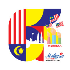 31 August - Malaysia Independence Day greeting poster. Number 66 with Malaysia citizen and cityscape silhouette base on Malaysia flag colours. Flat geometric art design. (Merdeka means independent)