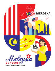 31 August - Malaysia Independence Day greeting poster. Number 66 with Malaysia citizen and cityscape silhouette base on Malaysia flag colours. Flat geometric art design. (Merdeka means independent)