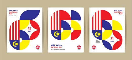 31 August - set of Malaysia Independence Day poster template. Number 66 abstract geometric art base on Malaysia flag colours.