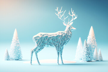 Christmas deer on the background of a snowy landscape. Copy space. Generative AI