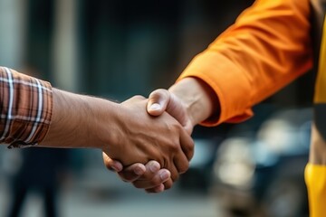 Two engineers shaking hands and congratulating the success,Generated with AI