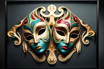 Realistic luxury carnival mask with colorful feathers.