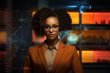 African Businesswoman working with data and tablet hologram with digital overlay for tech, statistics or stock market. generative ai