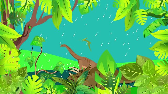 Scene from the dinosaurs age, rainy day animation