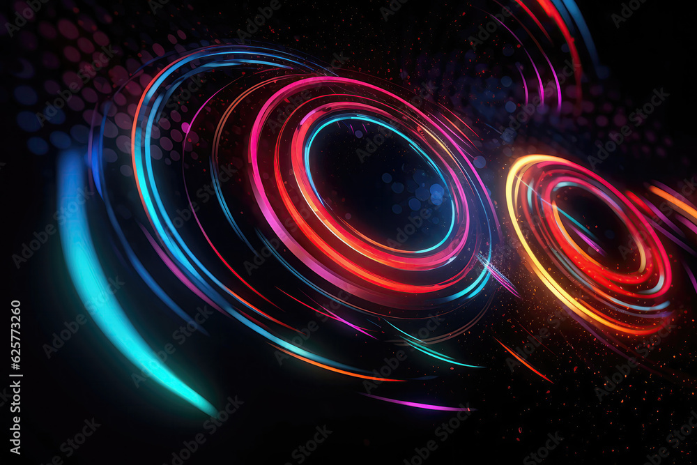 Poster dynamic abstract composition with neon streaks and circles. generative ai