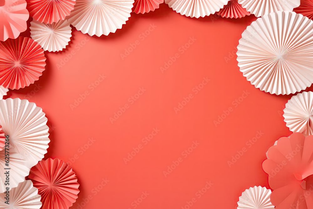 Poster frame of paper fans on coral color background, empty space. generative ai
