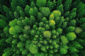 Fototapeta premium Dense Beautiful Green Forest, View From Above From The Drone. Generative AI