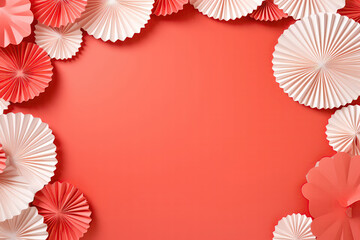 Frame Of Paper Fans On Coral Color Background, Empty Space. Generative AI