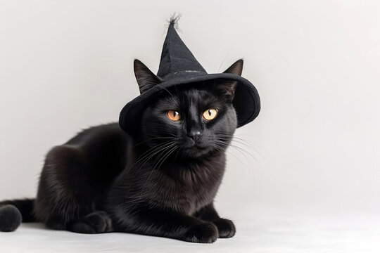 Black Cat With Witchs Hat On White Background. Halloween. Generative AI