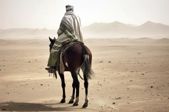 Saudi Arabian Man On Horseback, Rear View. Generative AI