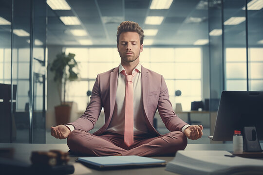 Nerves to the limit. Restoring peace of mind through meditation. A young man meditates while sitting on an office desk.