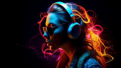 Portrait of woman in headphones on neon dark background. space for text. generative AI.