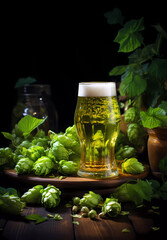 A glass of beer on a table surrounded by hops on a dark background.