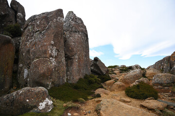 beautiful landscape vista of Mount Wellington tourist landmark in Hobart Tasmania in Australia,  with granite stones and scrubland nature