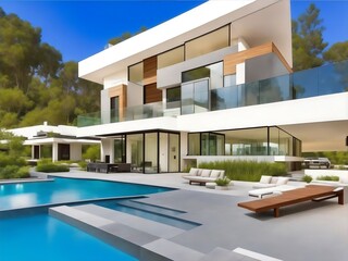 Fototapeta premium a modern house with a pool in front of it 