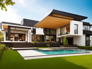a modern house with a pool in front of it 