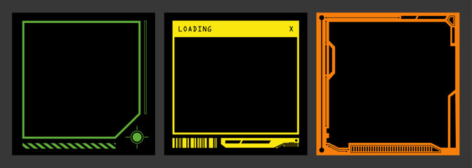Cyber graphic frame set. Futuristic, tech, cyberpunk border elements. Social media, square shape templates. 