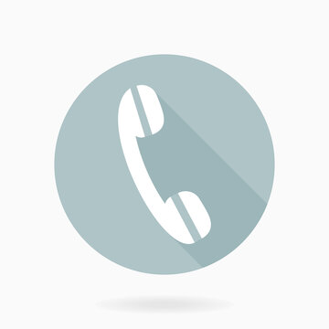 White telephone receiver in the light blue circle. Flat design with long shadow