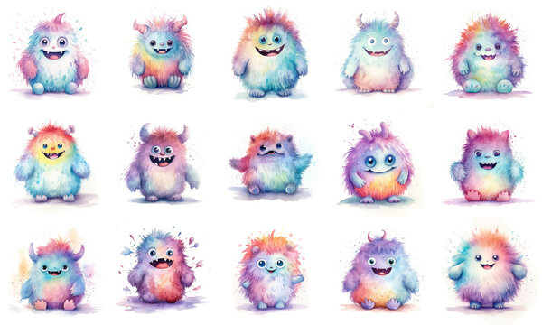 Set with cute colorful watercolor monsters on a white background