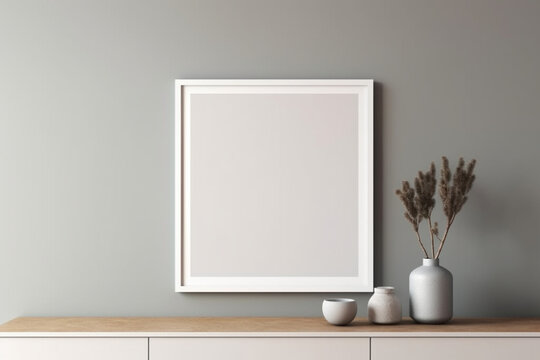 Blank picture frame mockup on gray wall, White living room design, View of modern scandinavian style interior with square artwork mock up on wall, Home staging and minimalism concept