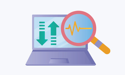 Laptop screen with data transaction and magnifier, monitoring transaction line icon.on white background.Vector Design Illustration.