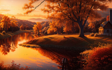 sunset over the river in autumn fall season, illustration, generative ai