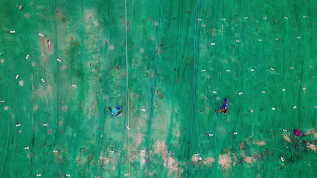 Ouvriers escaladant une falaise recouverte d'un filet vert sur un chantier de Bohol aux Philippines, Asie