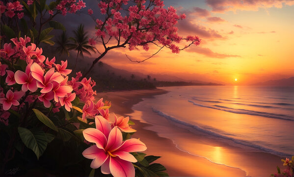 beautiful painting of tropical beach at sunset, with tropical flowers blossom, generative ai