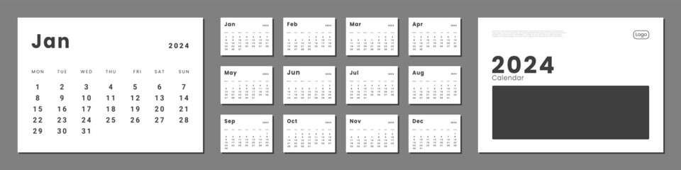 Set of monthly calendar planner page templates for 2024 and cover with Place for Photo and Company Logo. Vector layout of wall or desk minimalist calendar with week start on Monday for print - obrazy, fototapety, plakaty