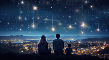 Plakat family at cliff with starry sky firework over city lights boom as background,