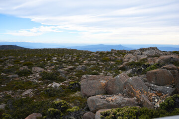 beautiful landscape vista of Mount Wellington tourist landmark in Hobart Tasmania in Australia,  with granite stones and scrubland nature