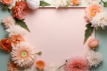 Obraz na płótnie Canvas A frame decorated with flowers, blank space for text. Flat lay, top view. Floral frame, frame of flowers. Floral background. Wedding invitation, greeting card mockup. AI generated