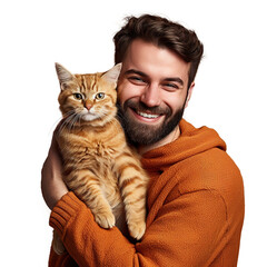 happy cat owner smiling holding his cat in arm