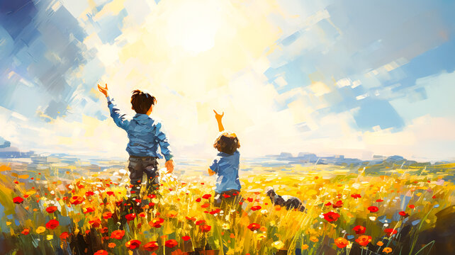 illustration of colorful summer moment with flower field blooming and kid or childen and dog in painting style.morning nature in happy day.generative ai art