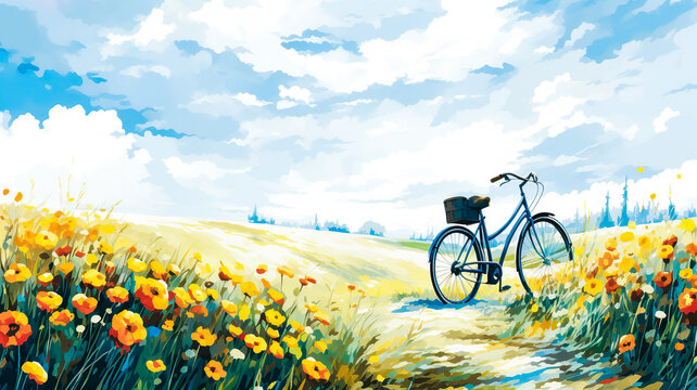 illustration of colorful spring or summer flower field blooming and bicycle in painting style.morning nature in peaceful.generative ai art