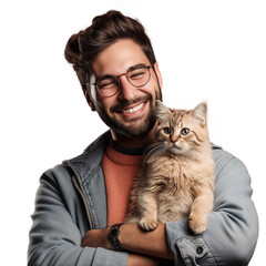 happy cat owner smiling holding his cat in arm
