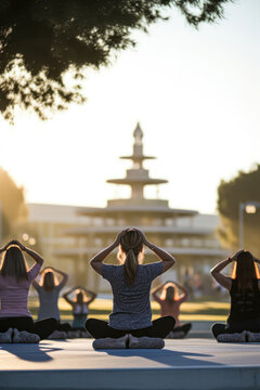 Group of people doing yoga or meditating in a city parc