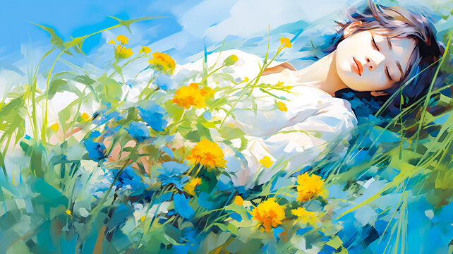 illustration painting of beautiful woman or princess sleep on colorful flower blooming garden.dreamy and novel style.generative ai technology