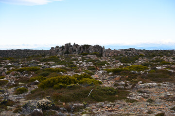 beautiful landscape vista of Mount Wellington tourist landmark in Hobart Tasmania in Australia,  with granite stones and scrubland nature