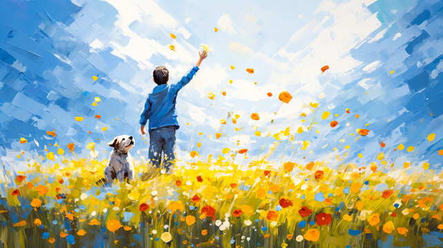 illustration of colorful summer moment with flower field blooming and kid or childen and dog in painting style.morning nature in happy day.generative ai art