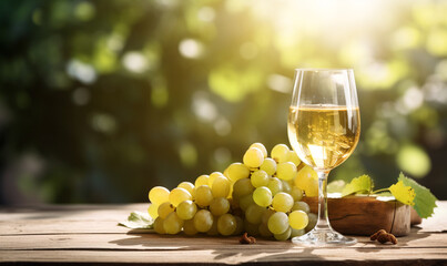 fruchtiger Weißwein und helle Trauben im Weinberg - obrazy, fototapety, plakaty
