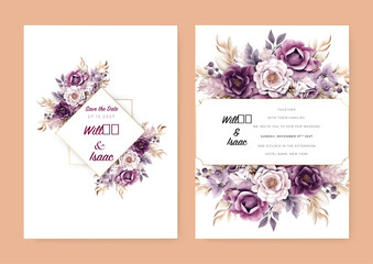 Wedding invitations in concept style. Save the Date. Vector beautiful watercolor plants, leaves and flowers for elegant modern greeting cards, congratulations in colorful