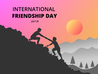 Fototapeta na wymiar International friendship day background banner poster, Two friends helping each other. Vector illustration design.