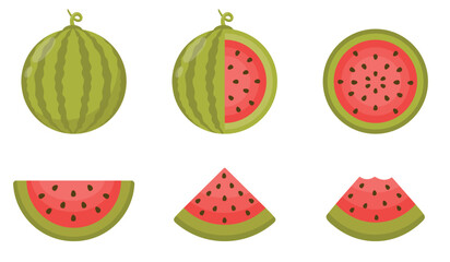 Green open watermelon half, slices and triangles. Red watermelon piece with bite. Sliced water melon fruit vector set. Isolated vector set of whole and slice of watermelon. 