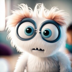 Obraz premium Blue furry monster with two large eyes and a big nose on white background