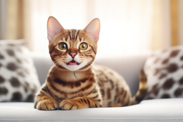 Obraz premium Image of cute bengal cat lying on sofa. Pet. animals. Illustration, Generative AI.