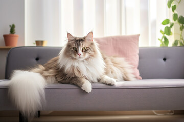 Image of cute norwegian forest cat lying on sofa. Pet. animals. Illustration, Generative AI.