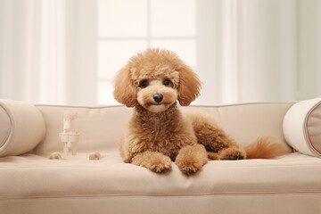 Image of cute poodle dog lying on sofa. Pet. animals. Illustration, Generative AI.