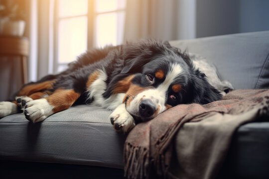 Image of cute bernese mountain dog lying on sofa. Pet. animals. Illustration, Generative AI.