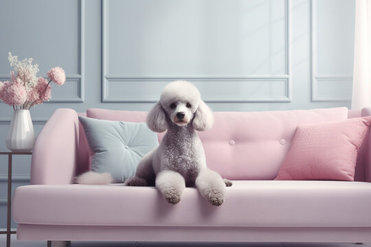 Image of cute poodle dog lying on sofa. Pet. animals. Illustration, Generative AI.